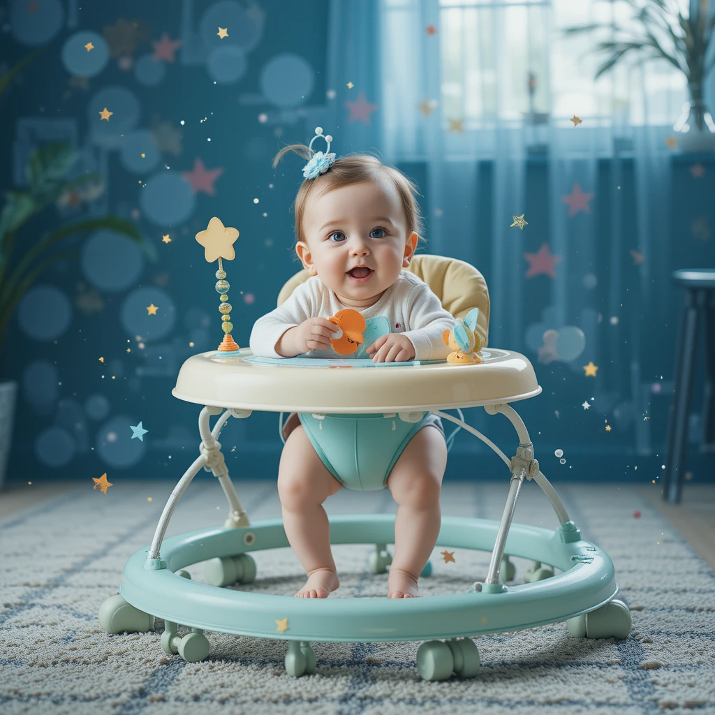 Baby in colorful jumper playing indoors safely