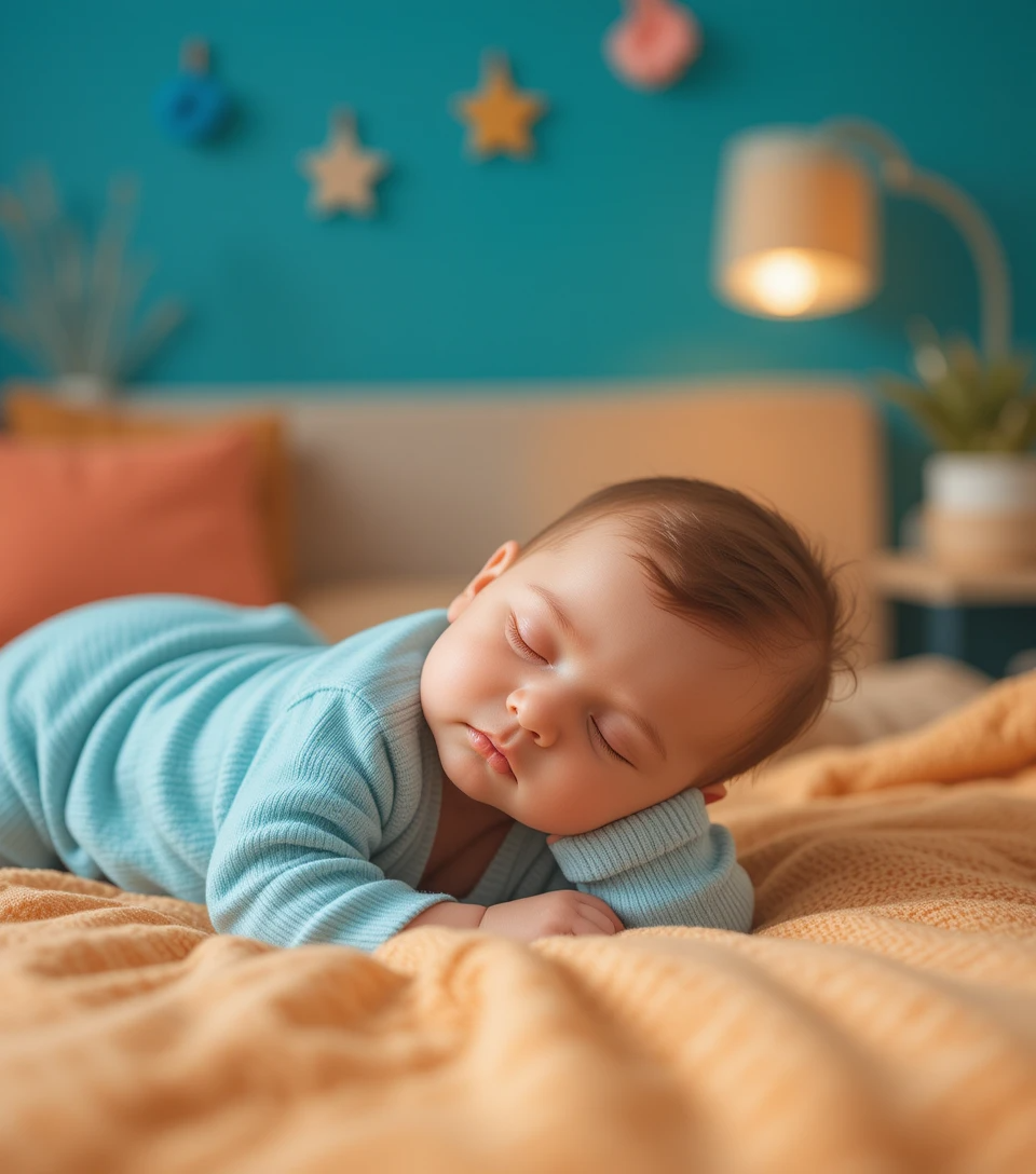 Sleeping baby lying on a soft blanket making happy cooing sounds, representing normal noisy baby behavior and healthy vocal development