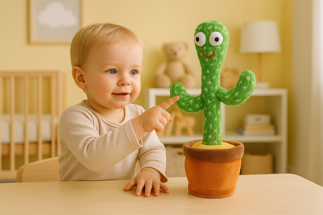 Toddler playing with Talking Dancing Cactus Toy in nursery setting – interactive mimic toy for kids development