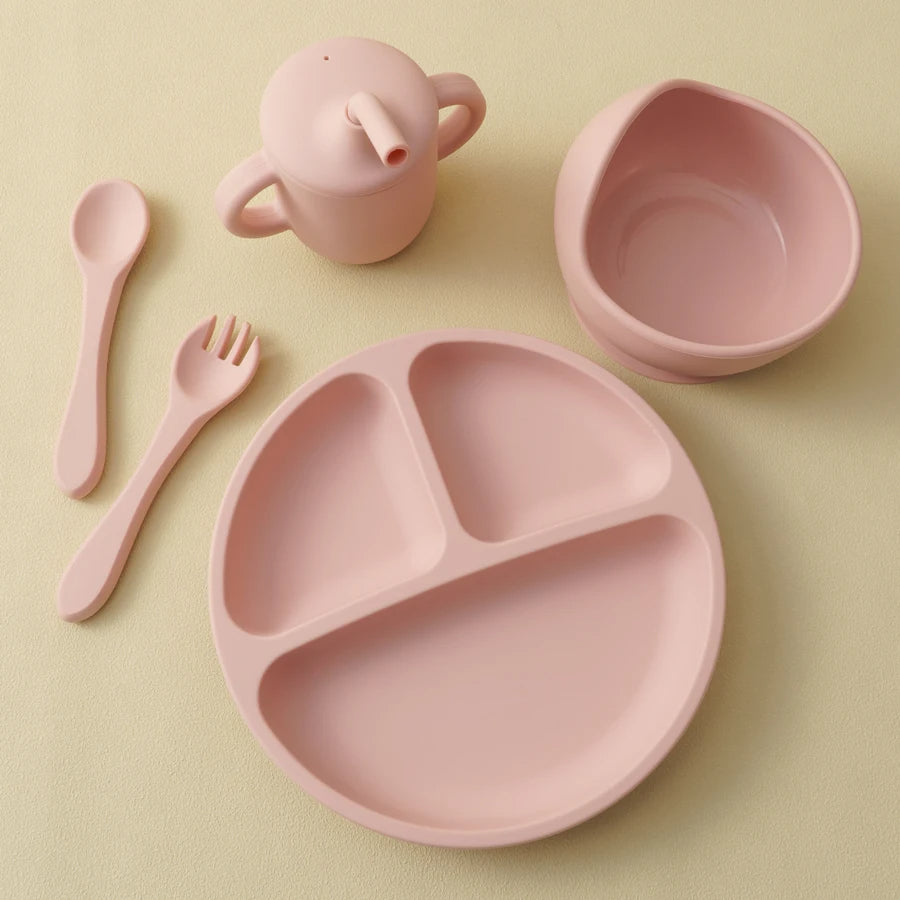 5PCS Baby Silicone Feeding Set Bowl Plate Cup Utensils Suction Tableware