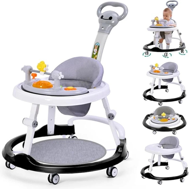 Foldable Baby Walker with Wheels Adjustable Height & Activity Tray