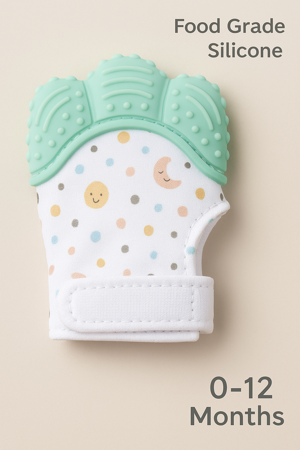 Silicone baby teething mitten with food-grade textured top and soft fabric design for ages 0–12 months