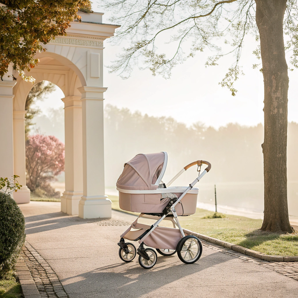 Modern lightweight baby stroller (pram) on a park path — travel system, compact fold, ideal for newborns and toddlers.