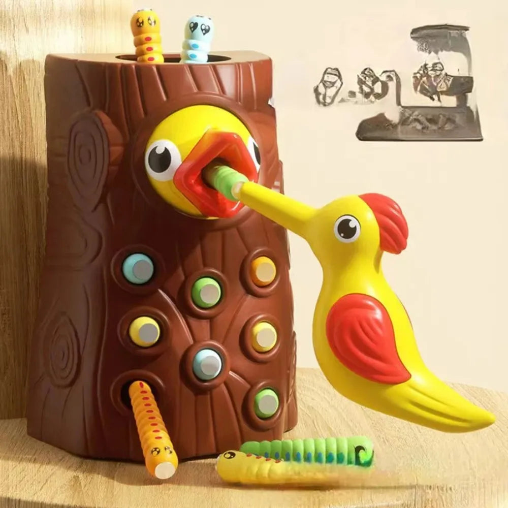Montessori Magnetic Woodpecker Toy Kids Worm Bugs Catch Bird Learning Game