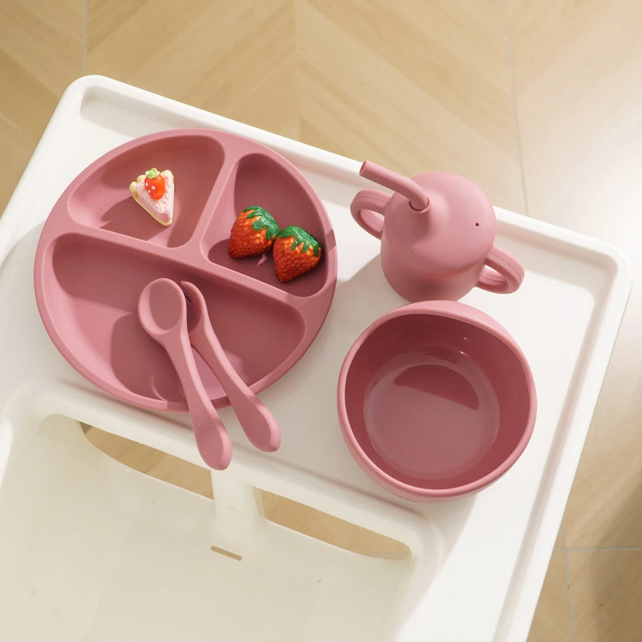 5PCS Baby Silicone Feeding Set Bowl Plate Cup Utensils Suction Tableware