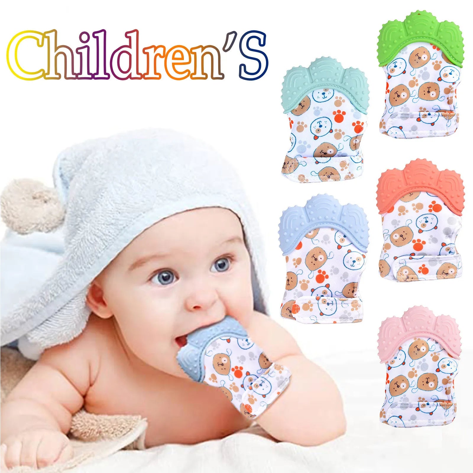Silicone Baby Teething Mittens Adjustable Cute Designs Crinkle Sound Food-Grade 0–12 Months