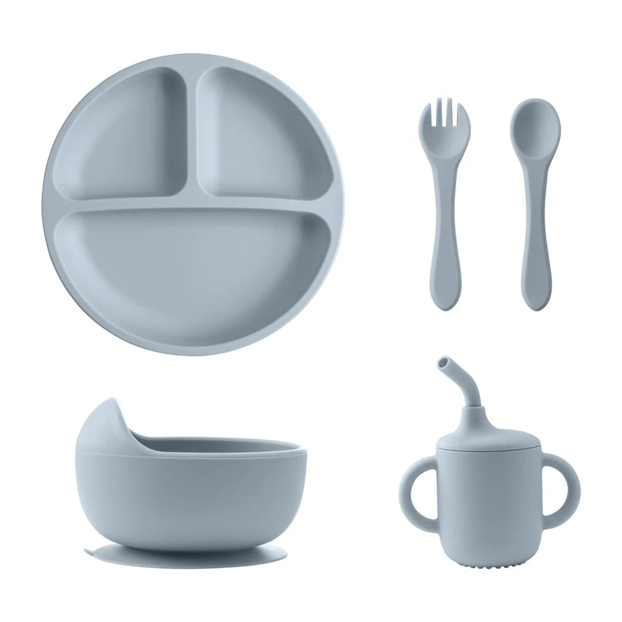 5PCS Baby Silicone Feeding Set Bowl Plate Cup Utensils Suction Tableware