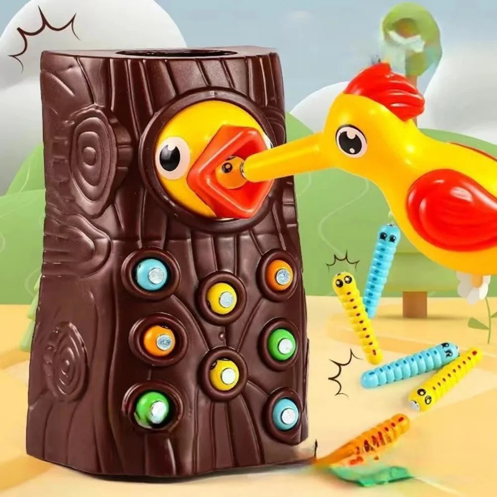 Montessori Magnetic Woodpecker Toy Kids Worm Bugs Catch Bird Learning Game