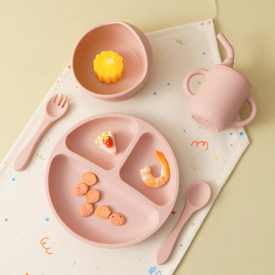 5PCS Baby Silicone Feeding Set Bowl Plate Cup Utensils Suction Tableware