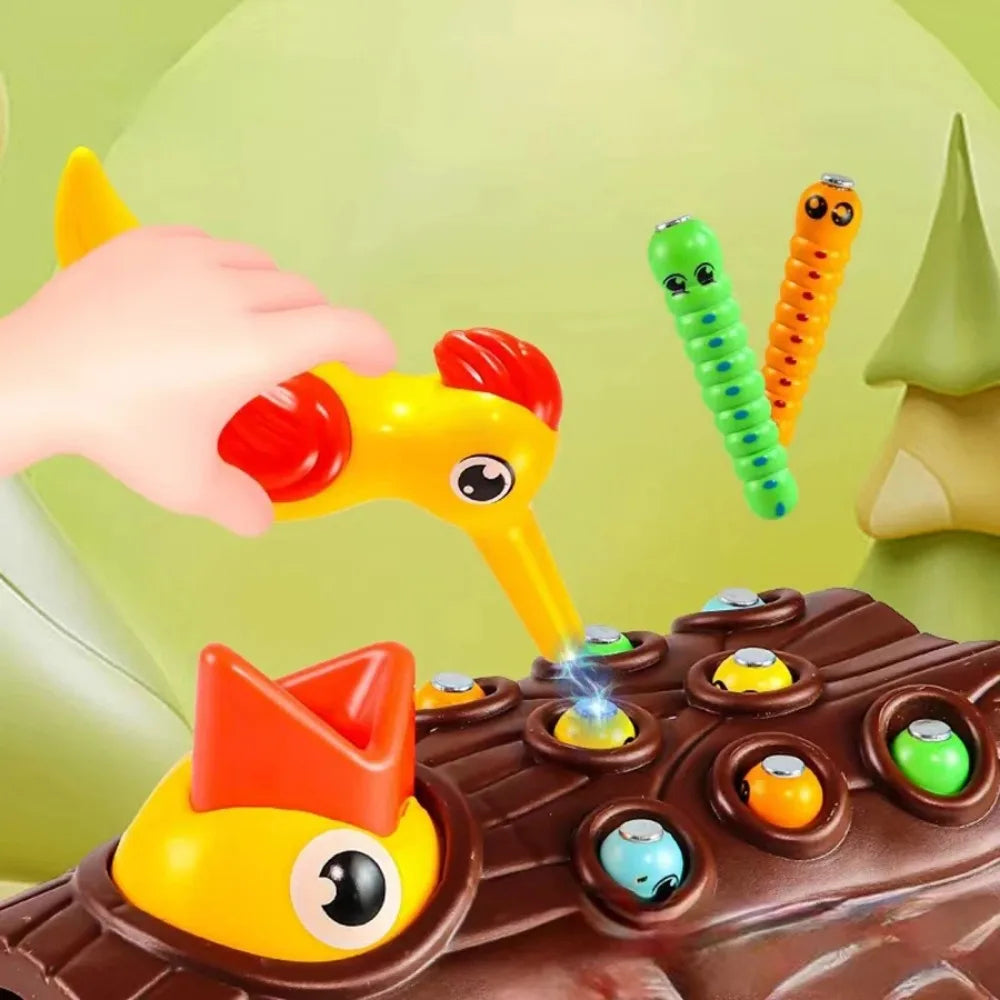 Montessori Magnetic Woodpecker Toy Kids Worm Bugs Catch Bird Learning Game
