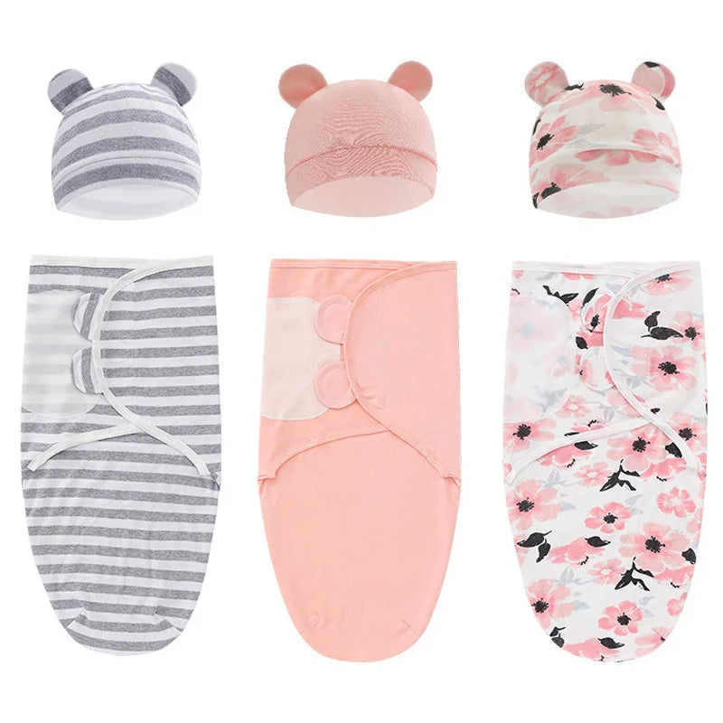 Newborn Baby Swaddle Blanket & Hat Set – Soft Muslin Sleeping Wrap