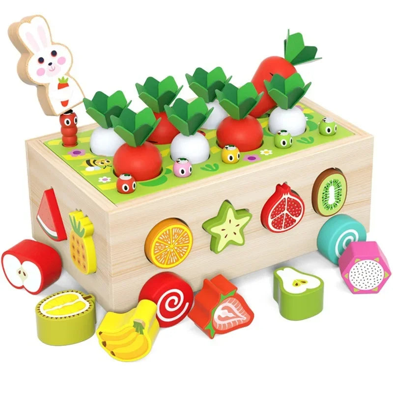 Wooden Shape Sorter Toy Baby Educational Blocks Pull Along Learning Trailer Box