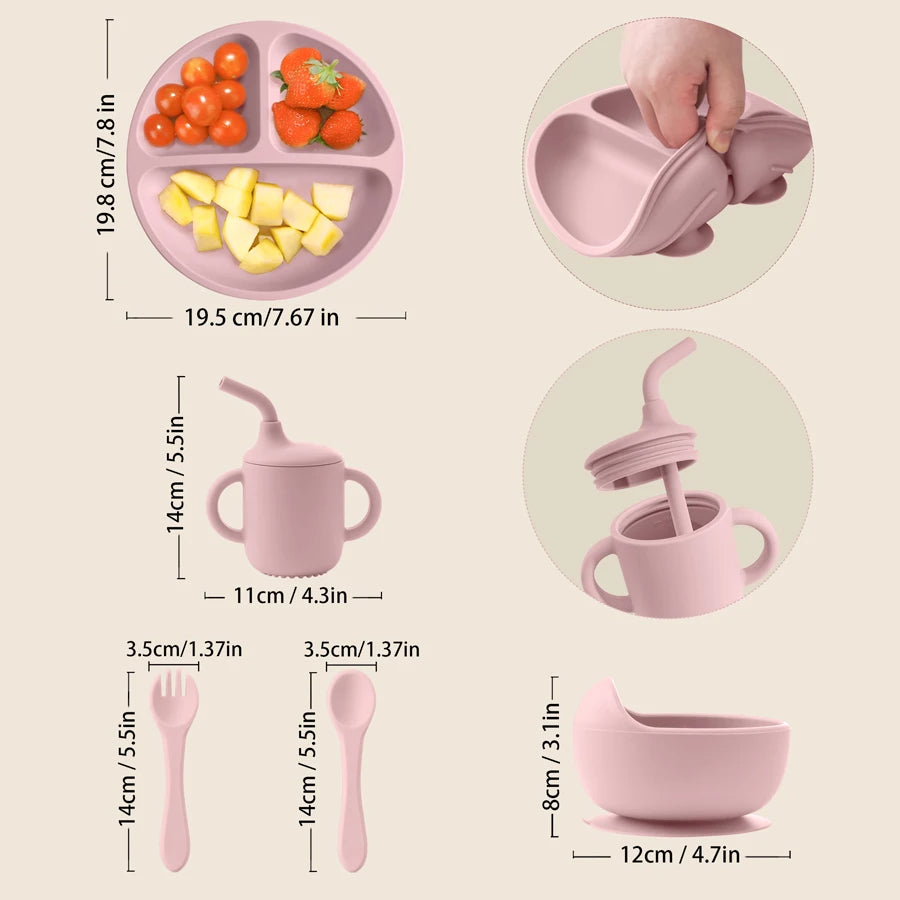 5PCS Baby Silicone Feeding Set Bowl Plate Cup Utensils Suction Tableware