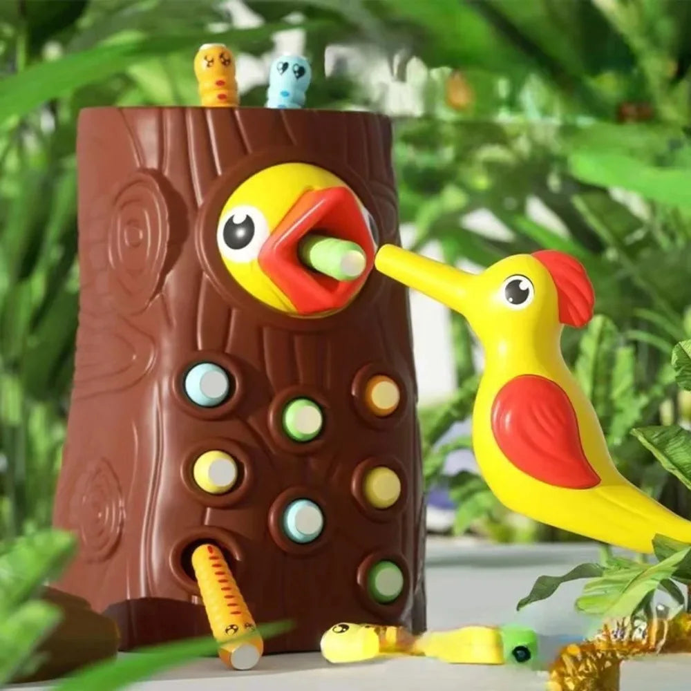 Montessori Magnetic Woodpecker Toy Kids Worm Bugs Catch Bird Learning Game