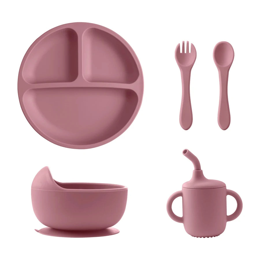 5PCS Baby Silicone Feeding Set Bowl Plate Cup Utensils Suction Tableware