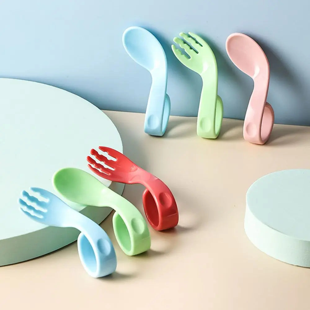Utensils Solid Color Twist Fork Spoon Suit Baby Infant Training 2Pcs Set