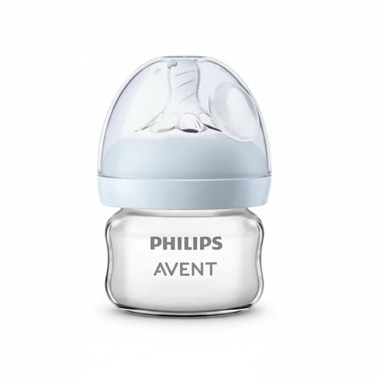 Philips Avent baby bottle with light blue cap on a white background